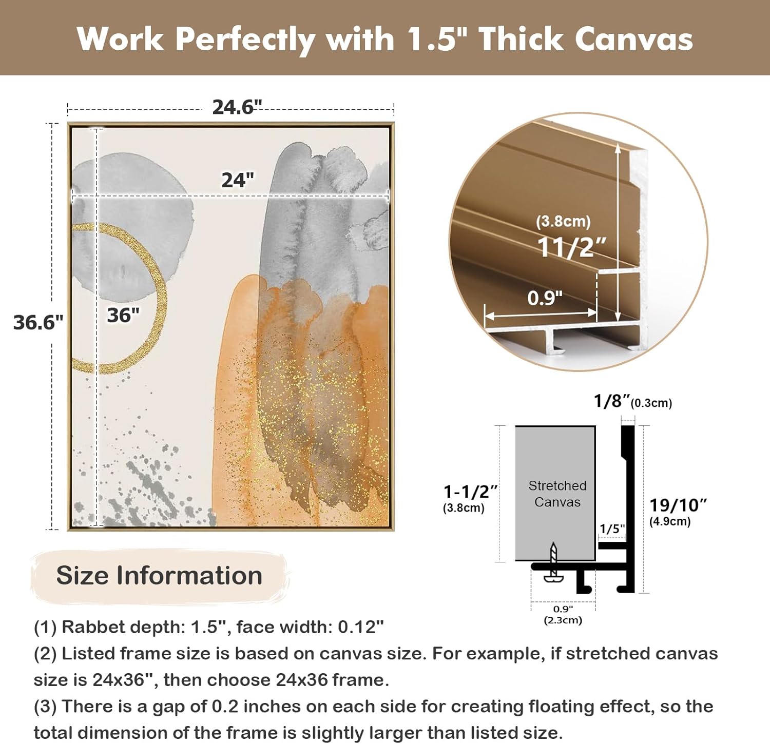 1.5” Deep Frame for 24x30 Canvas Paintings, DIY Metal Floating Frame with 1.5” Deep for Artists Designers Landscape Portrait Artwork, Modern Home Office Wall Decor (Bronze)